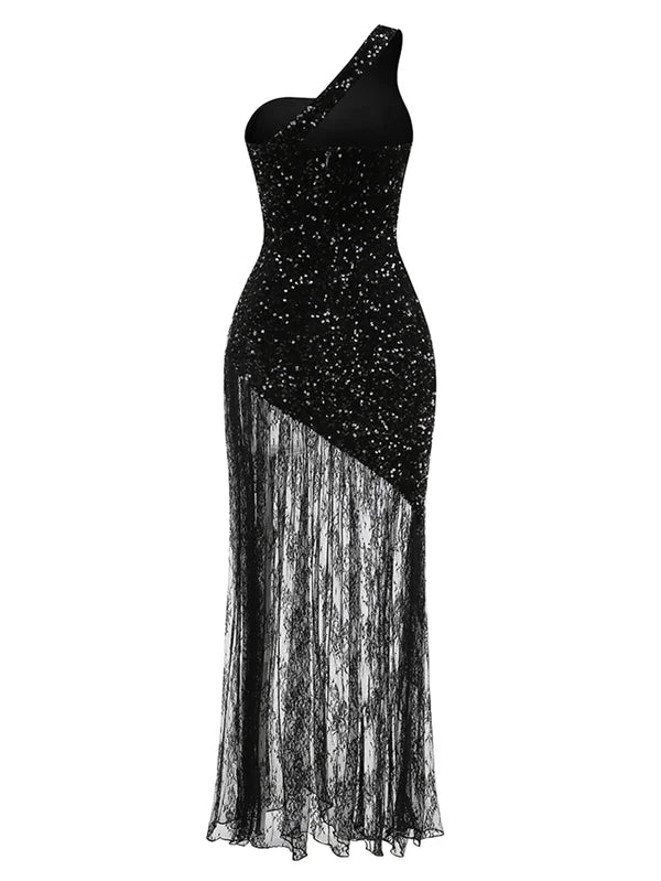Beaded Lace Long Dress Exposed Back and Spliced Evening Gown
