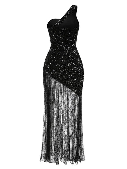 Beaded Lace Long Dress Exposed Back and Spliced Evening Gown