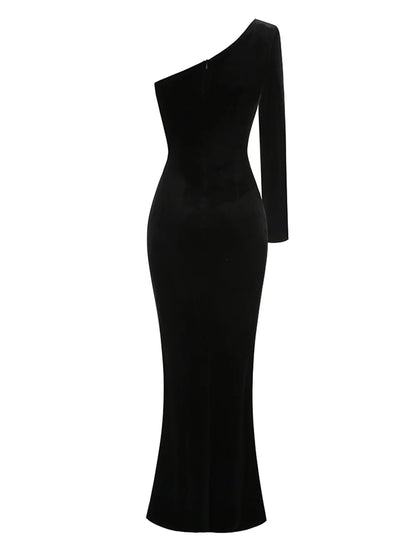 One Shoulder Long Sleeve 3D Flower Maxi Dress