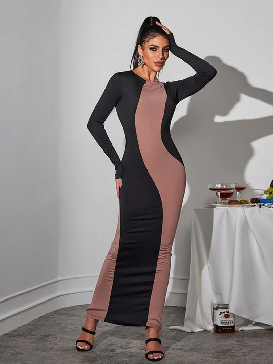 Color Clashing Round Neck Wrap Dress