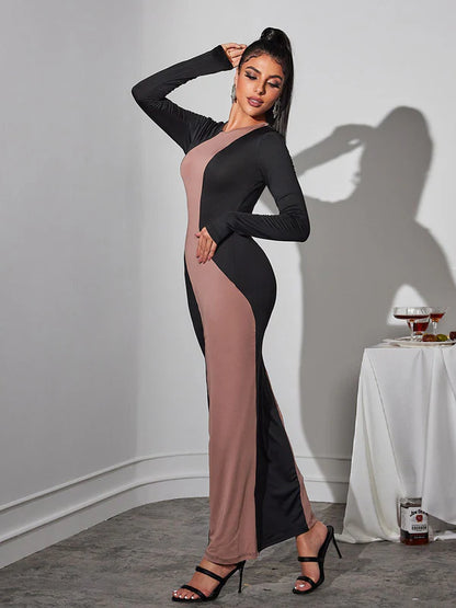 Color Clashing Round Neck Wrap Dress
