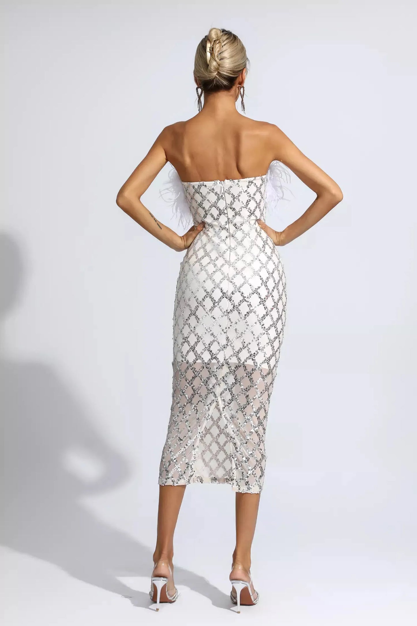 Silver Sequin Strapless Feather Sexy Bandage Dress
