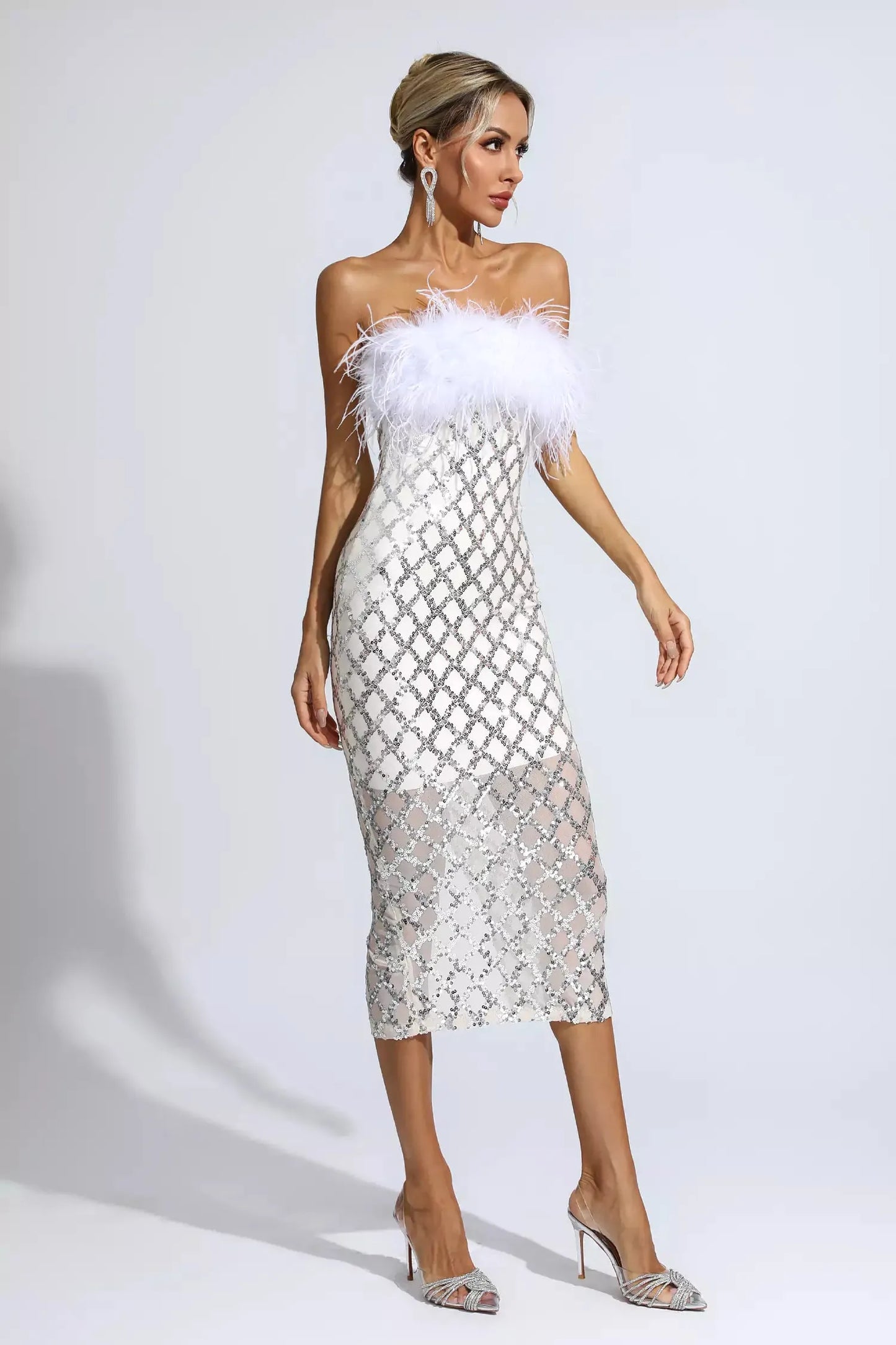 Silver Sequin Strapless Feather Sexy Bandage Dress