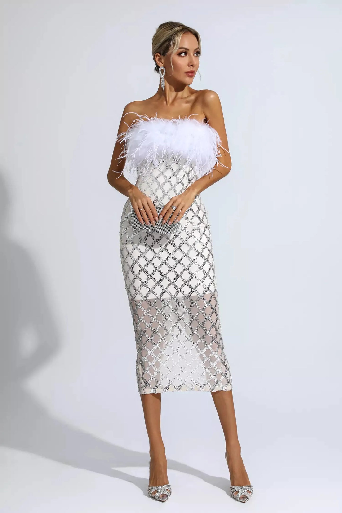 Silver Sequin Strapless Feather Sexy Bandage Dress