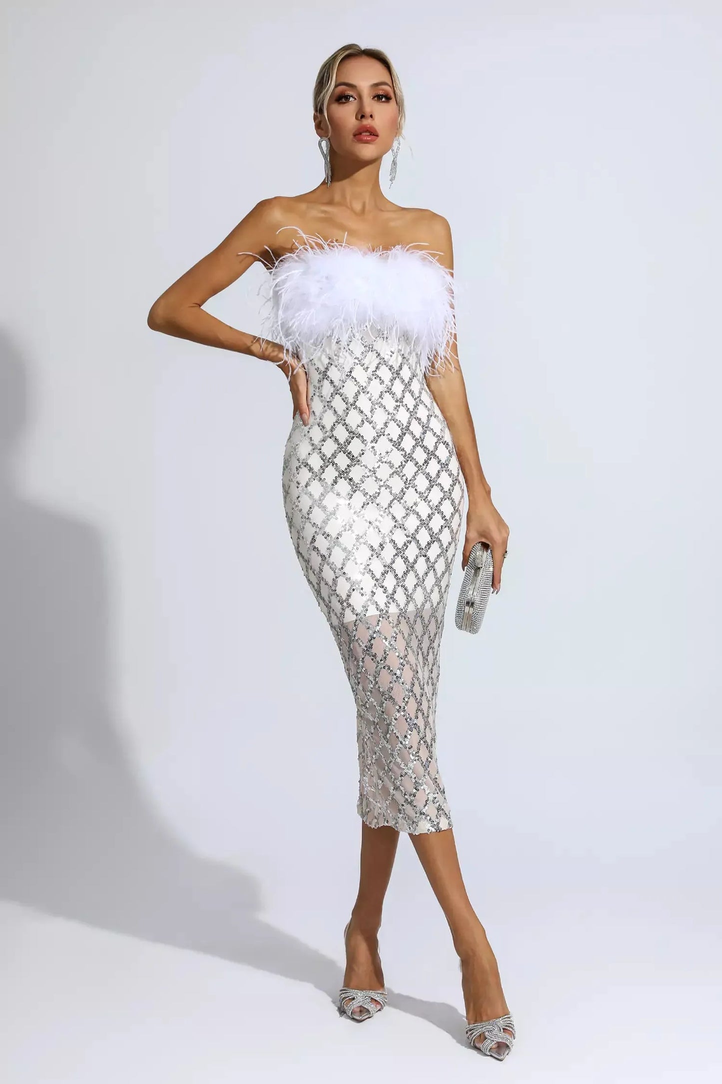 Silver Sequin Strapless Feather Sexy Bandage Dress