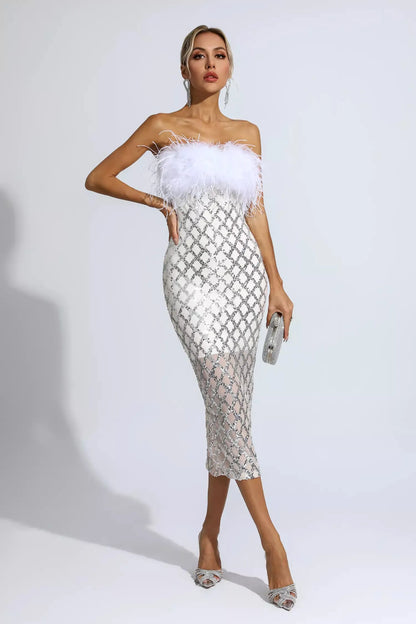 Silver Sequin Strapless Feather Sexy Bandage Dress
