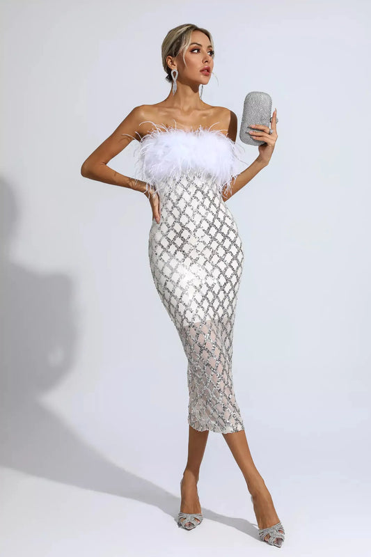 Silver Sequin Strapless Feather Sexy Bandage Dress