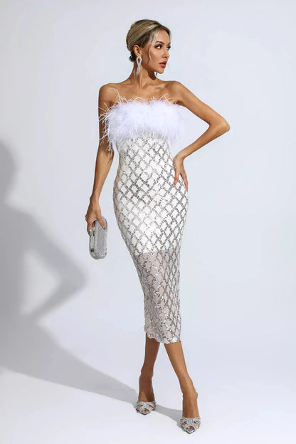 Silver Sequin Strapless Feather Sexy Bandage Dress