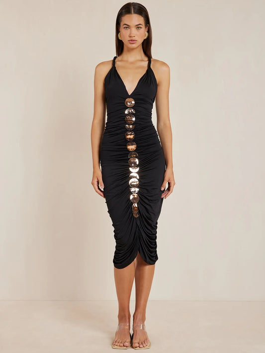 Halter Neck Sequined Slim Fit Hip Midi Dress