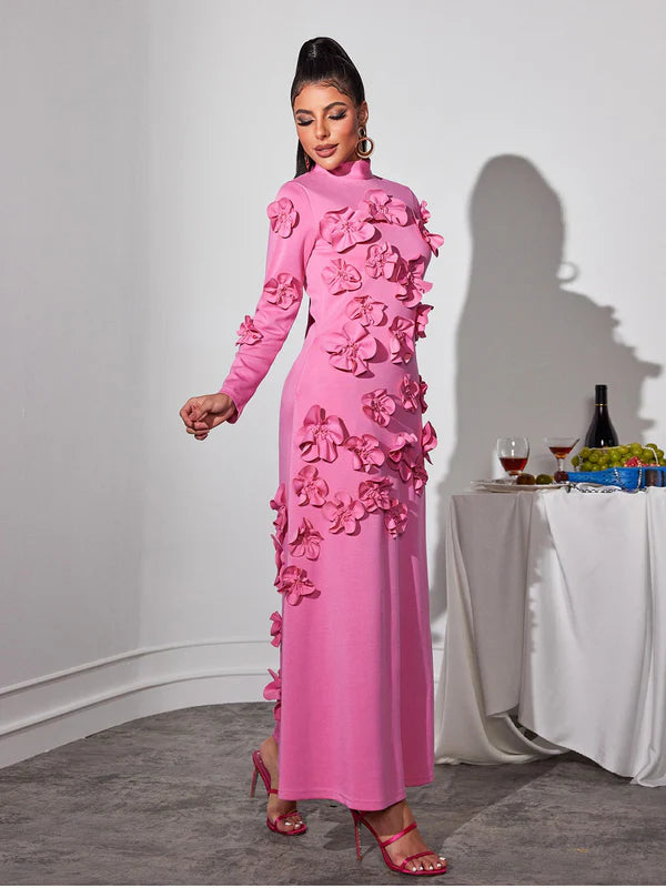 Stand Collar with Embroidery Stitching Flower Maxi Dress