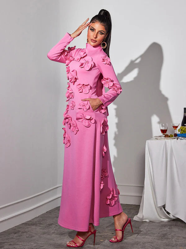 Stand Collar with Embroidery Stitching Flower Maxi Dress