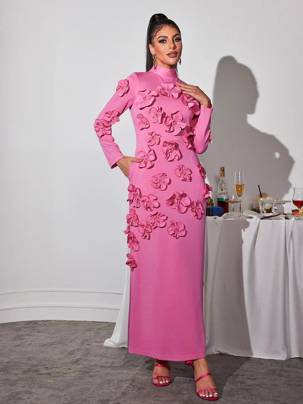 Stand Collar with Embroidery Stitching Flower Maxi Dress