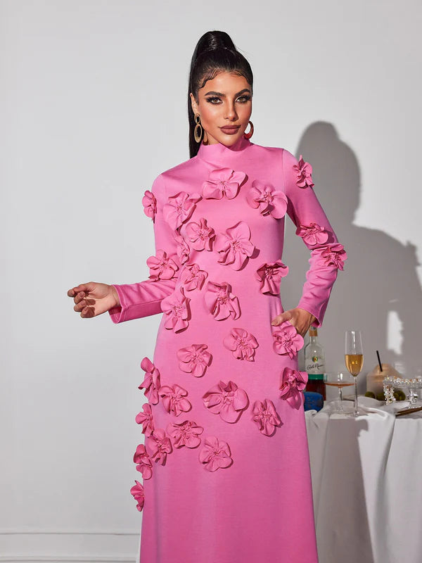 Stand Collar with Embroidery Stitching Flower Maxi Dress