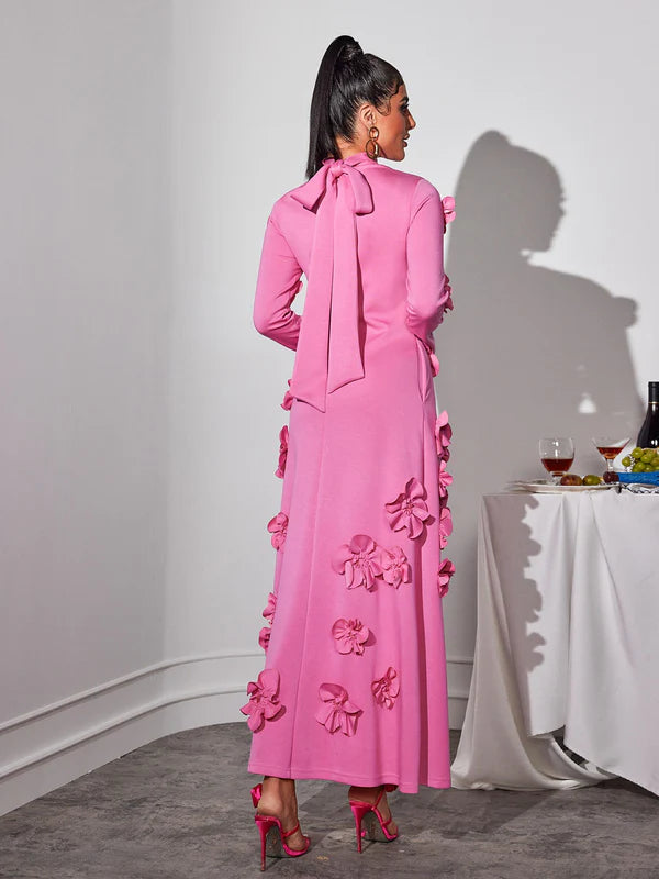 Stand Collar with Embroidery Stitching Flower Maxi Dress