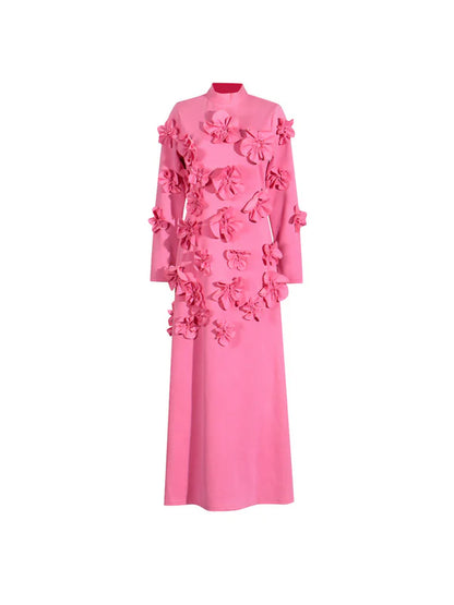 Stand Collar with Embroidery Stitching Flower Maxi Dress