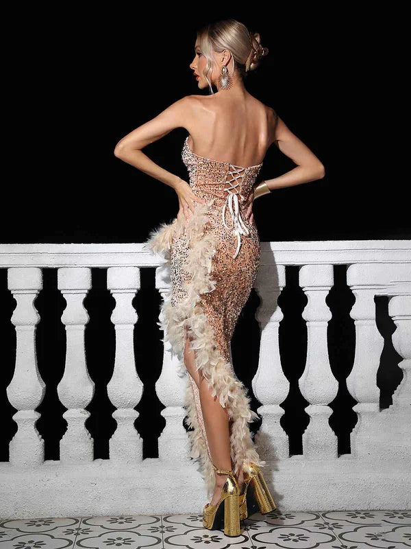 Strapless Sequin Feather Trimmed Maxi Dress