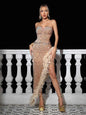 Strapless Sequin Feather Trimmed Maxi Dress