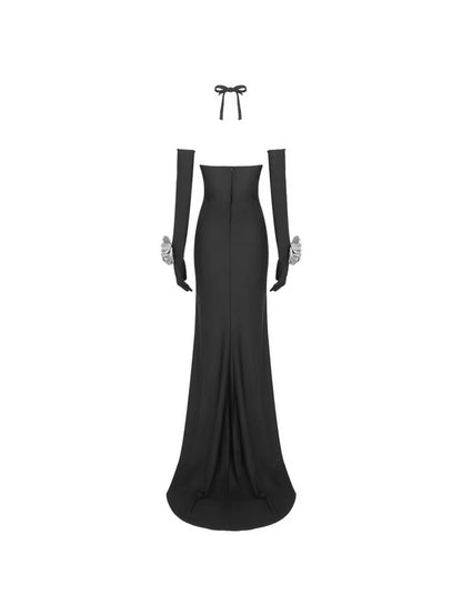 Halterneck Flower Split Dress With Gloves