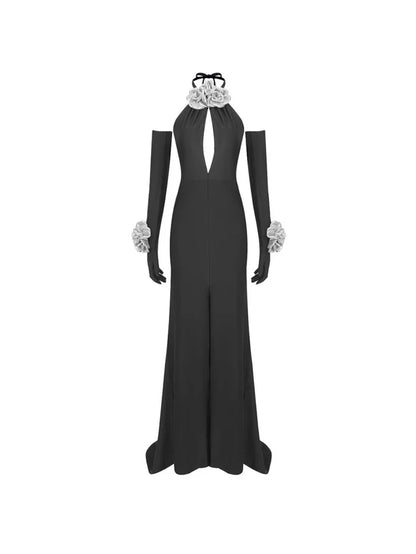 Halterneck Flower Split Dress With Gloves