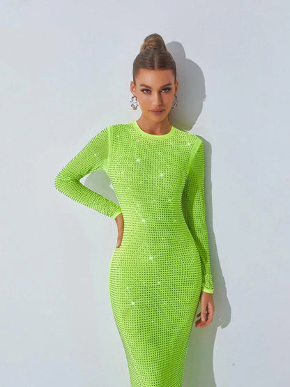 Slim Fit Wrap Hip Perforated Drill Embellished Midi Dress