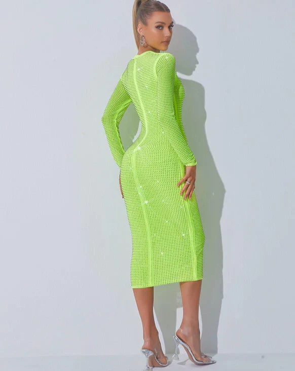 Slim Fit Wrap Hip Perforated Drill Embellished Midi Dress