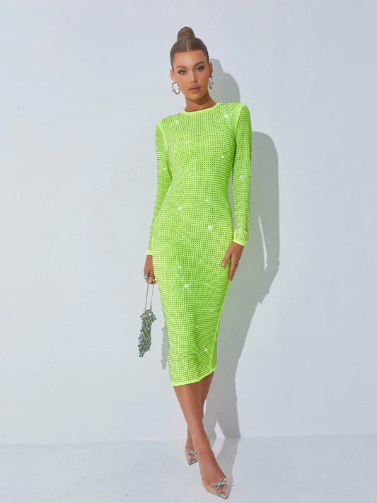 Slim Fit Wrap Hip Perforated Drill Embellished Midi Dress