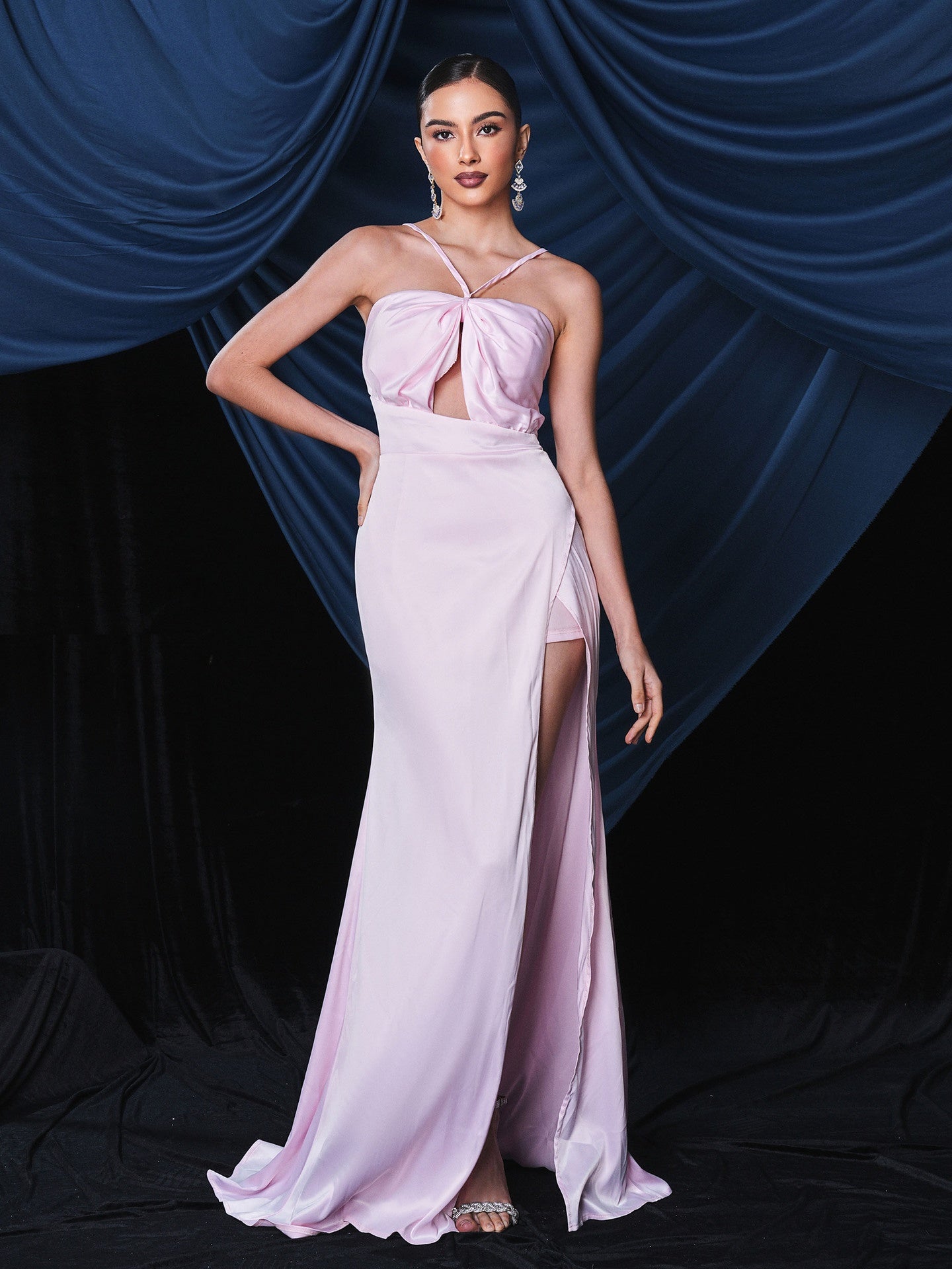 One-Shoulder Halter Long Slit Evening Maxi Dress