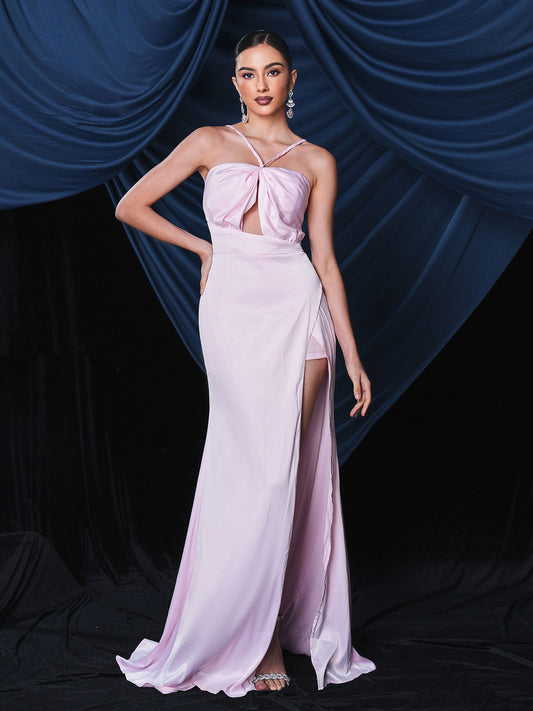 One-Shoulder Halter Long Slit Evening Maxi Dress