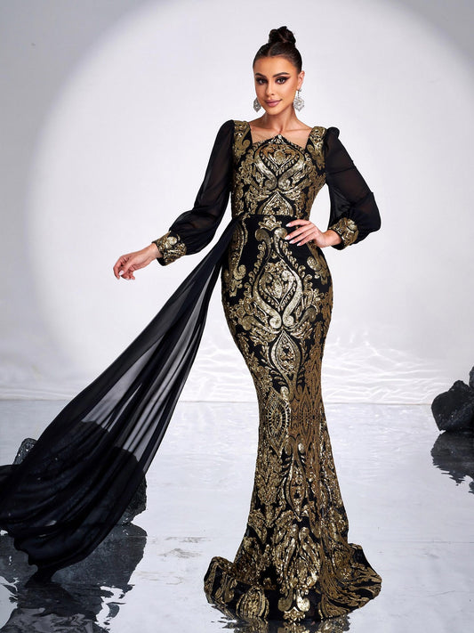 Square Neck Sequin Flowing Ribbon Maxi Dress