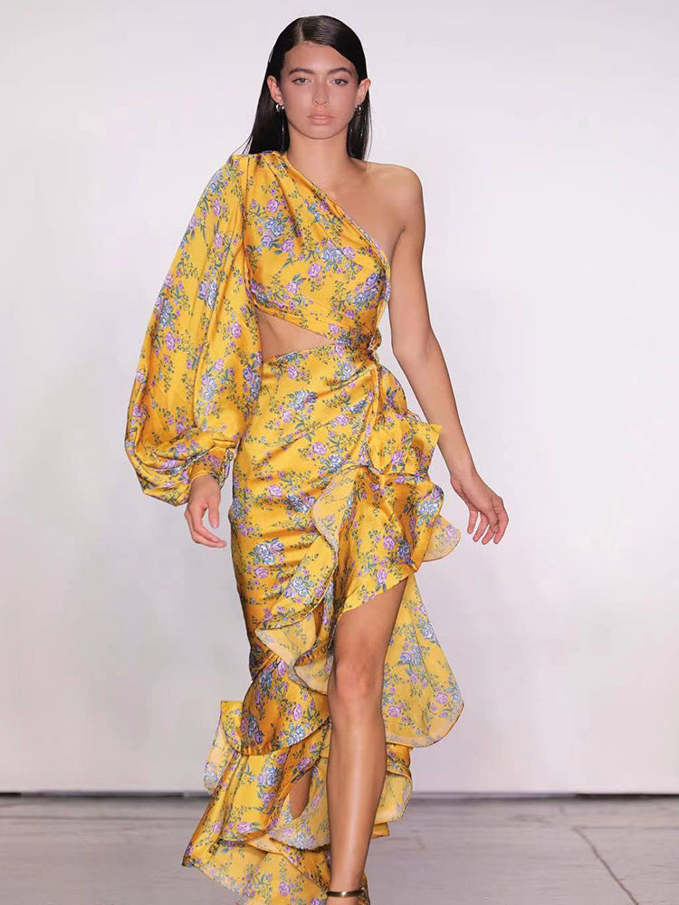 Slant Shoulder Floral Irregular Ruffle Maxi Dress