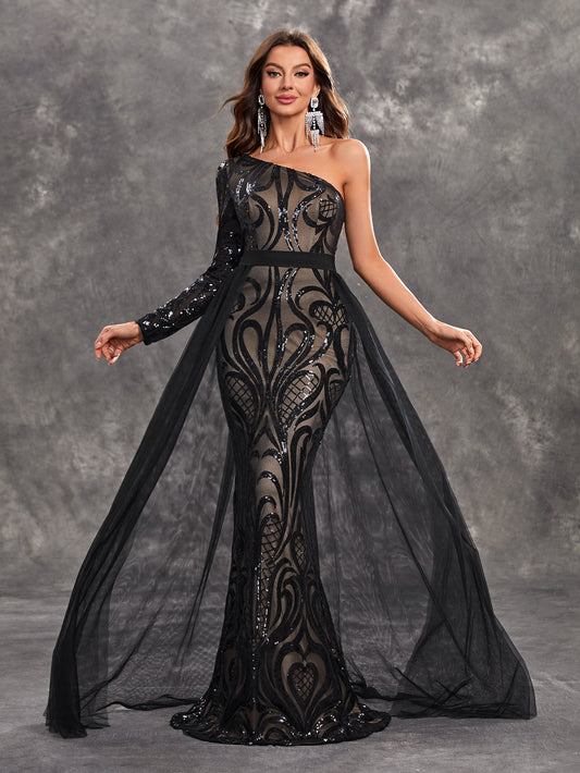 Sequin One-Shoulder Floral Mesh Mermaid Evening Gown Maxi Dress
