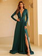 Slim Fit Long Simple Green Slit Evening Gown Dress