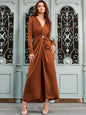 V-Neck Long Sleeve Ruched Front Beaded Details Split Dress