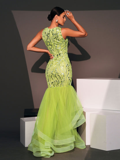 Sequin Sleeveless Round Neck Evening Gown Dress