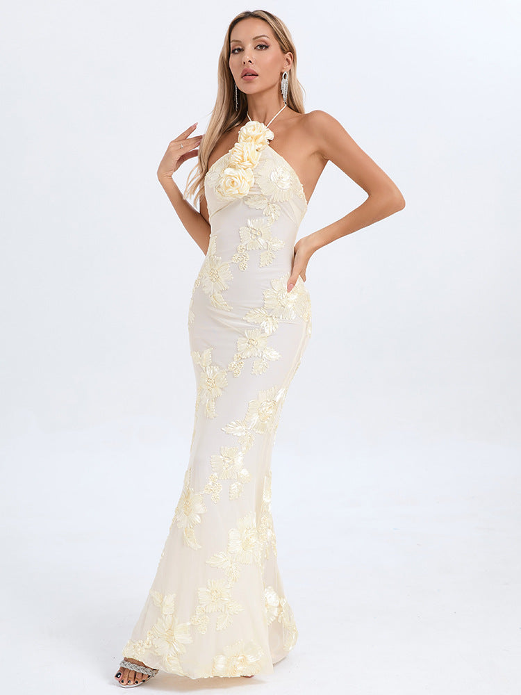Halterneck Floral Embellished Gold Foil Fitted Long Dress