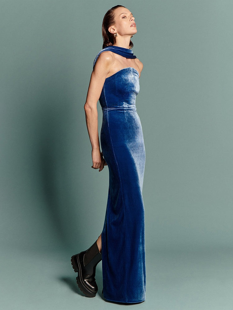 Strapless Split Velvet Dress with an Elegant Backless Gown