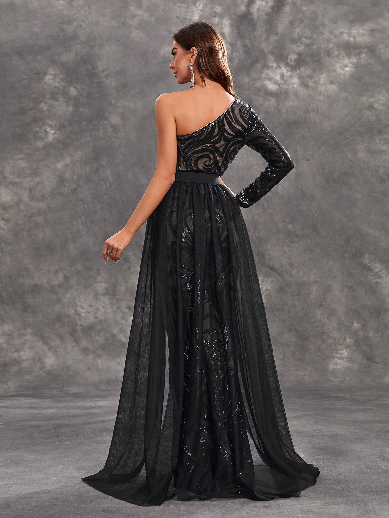 Sequin One-Shoulder Floral Mesh Mermaid Evening Gown Maxi Dress