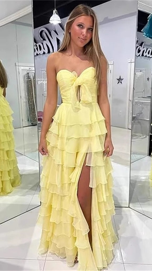 Strapless Ruffled Bow-front Detail High Slit Gown