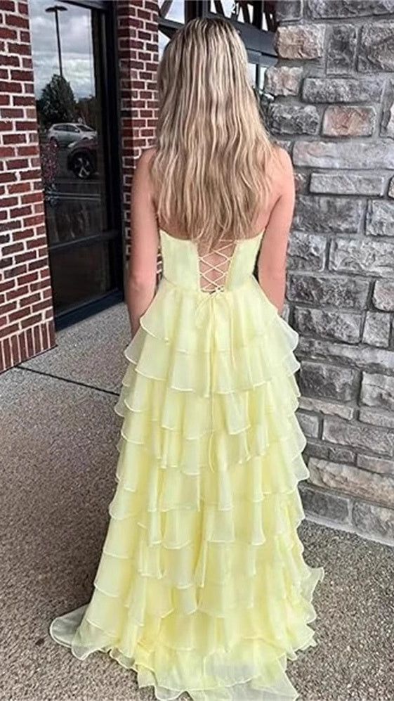 Strapless Ruffled Bow-front Detail High Slit Gown