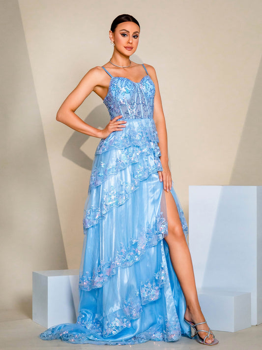 Strappy Sequin with Dramatic Train Maxi Dress