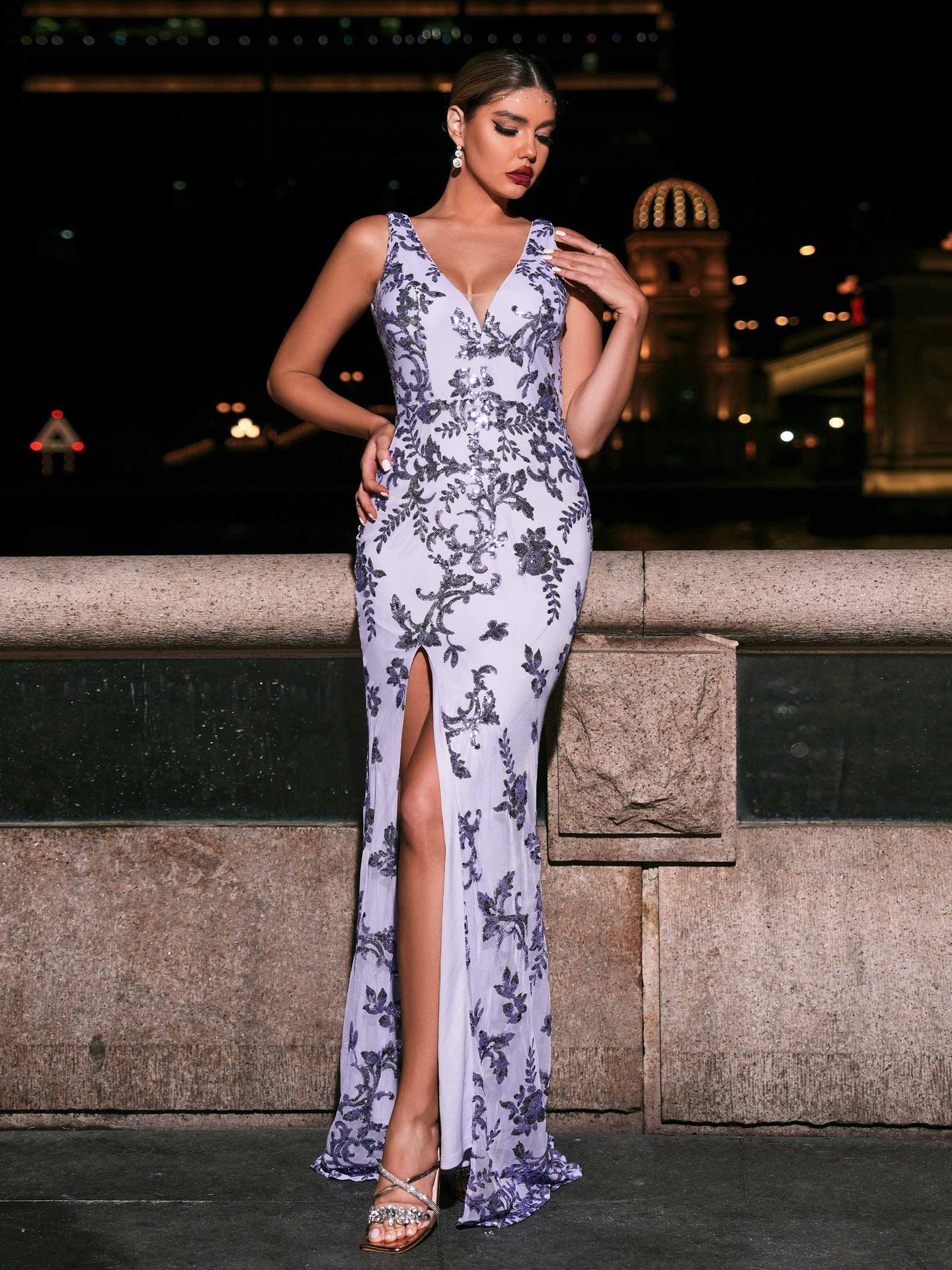 V-Neck Sexy Long Sparkly Evening Fish Tail Maxi Dress