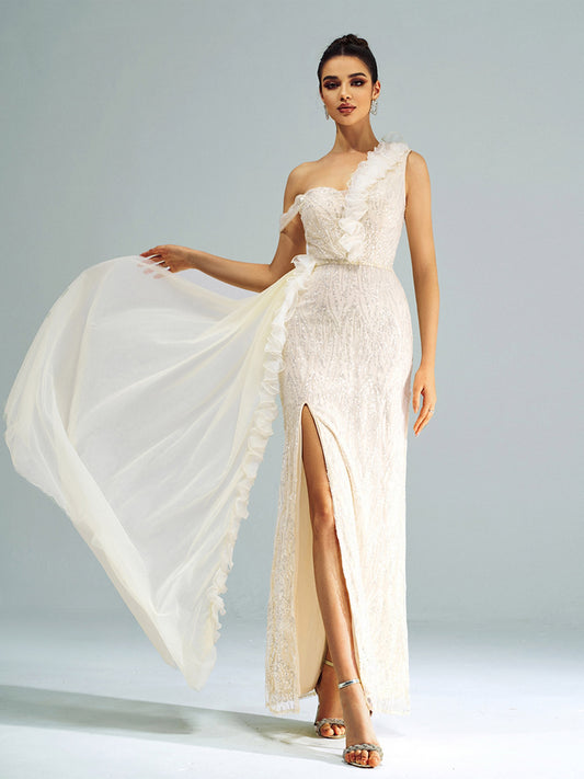 Sleeveless Asymmetric Neck Banquet Evening Gown