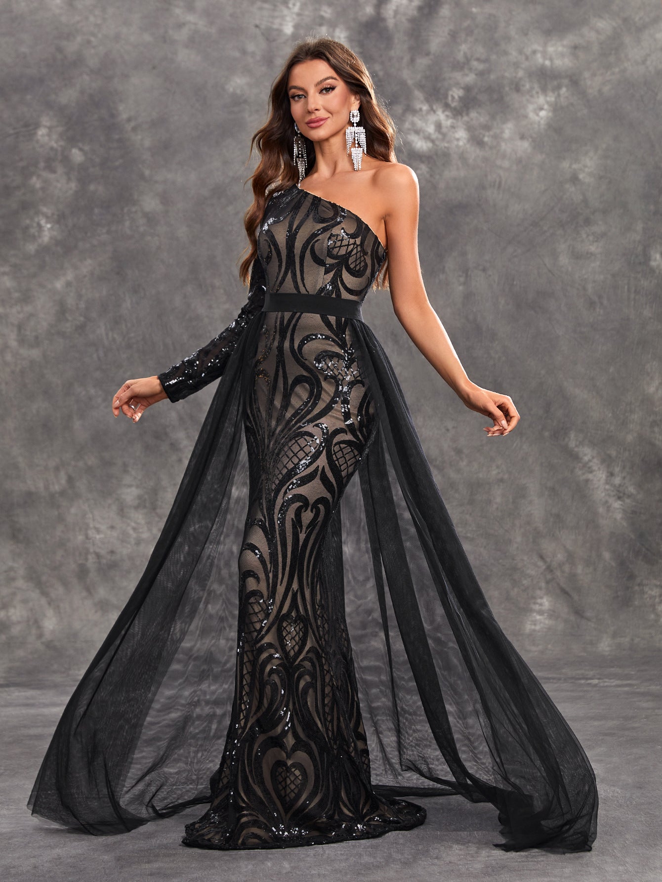 Sequin One-Shoulder Floral Mesh Mermaid Evening Gown Maxi Dress