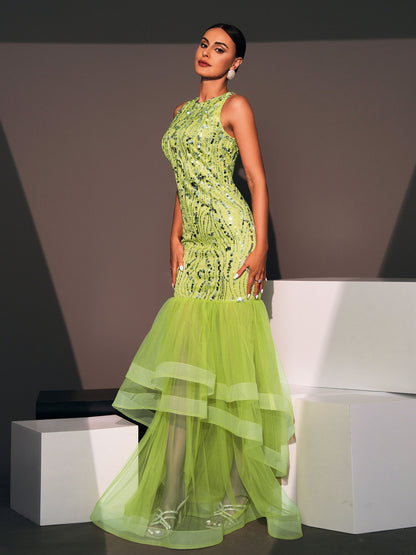 Sequin Sleeveless Round Neck Evening Gown Dress