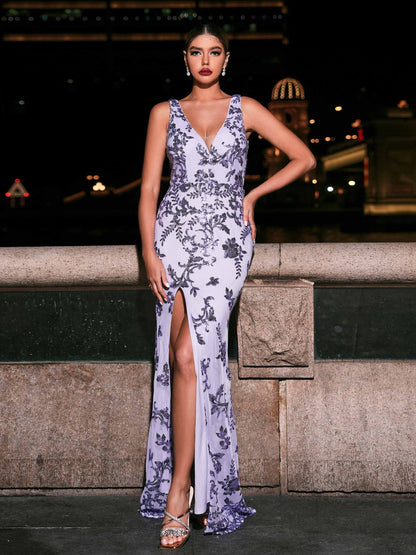 V-Neck Sexy Long Sparkly Evening Fish Tail Maxi Dress