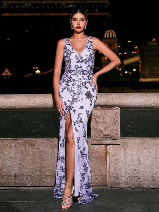 V-Neck Sexy Long Sparkly Evening Fish Tail Maxi Dress
