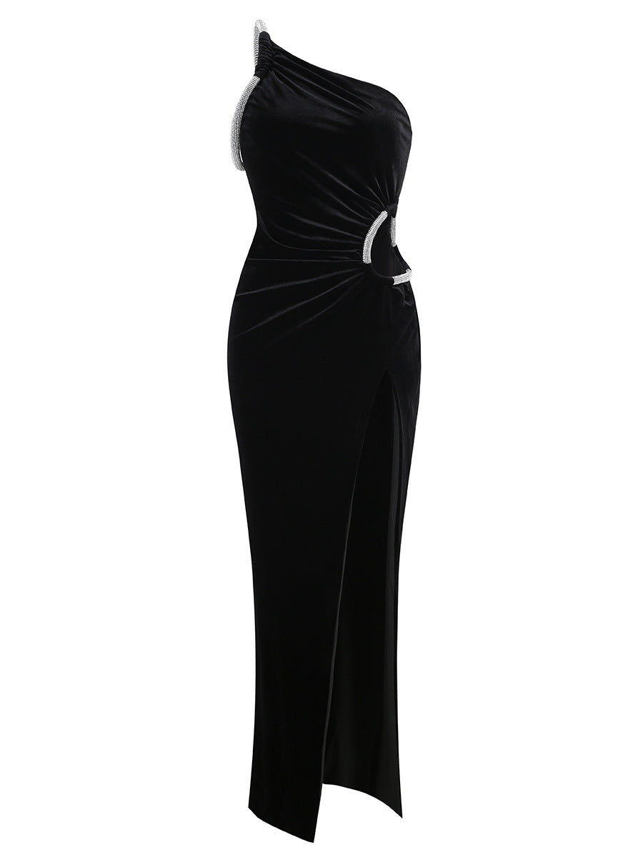 Asymmetrical One-Shoulder Sleeveless Rhinestone Gown Party Dress