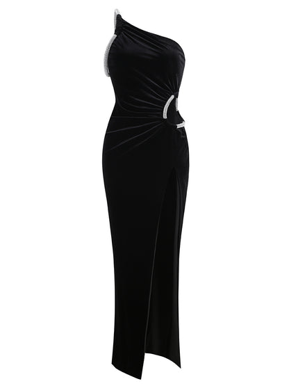 Asymmetrical One-Shoulder Sleeveless Rhinestone Gown Party Dress