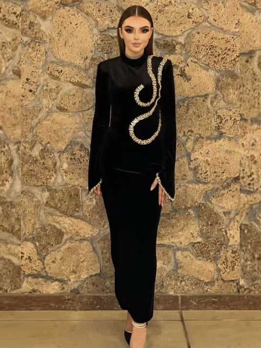 Elegant Belted Dress with Diamond Embellishments
