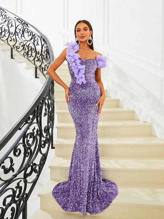 Backless Long Sleeve Shimmering V-Neck Evening Dress